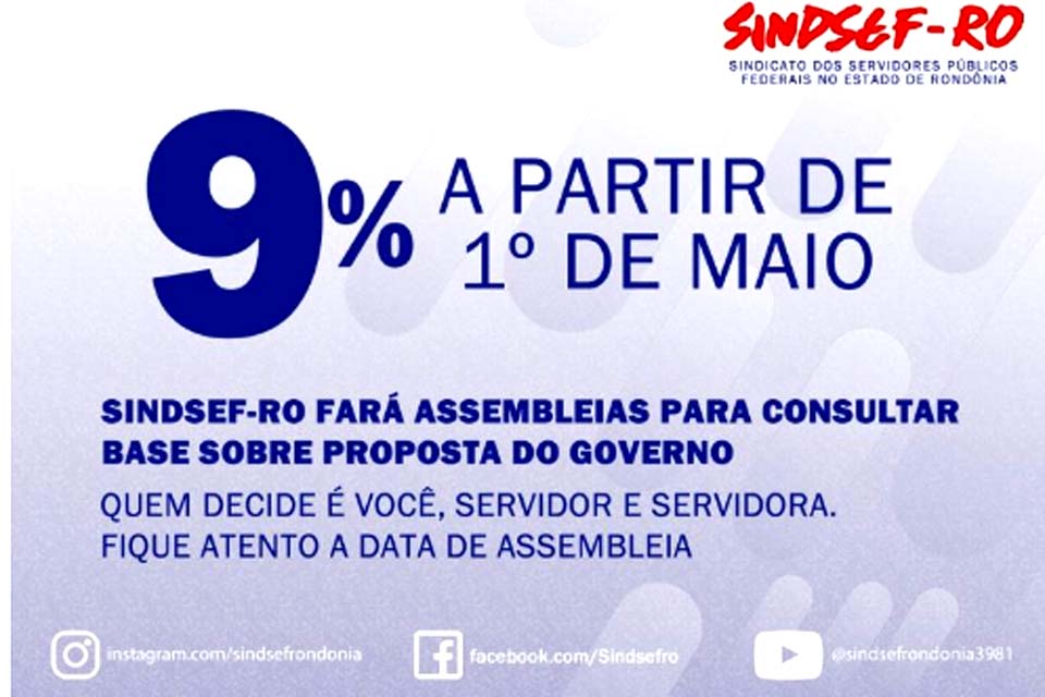 SINDSEF-RO fará assembleias para consultar base sobre a proposta do Governo de 9% de recomposição a partir de 1° de maio