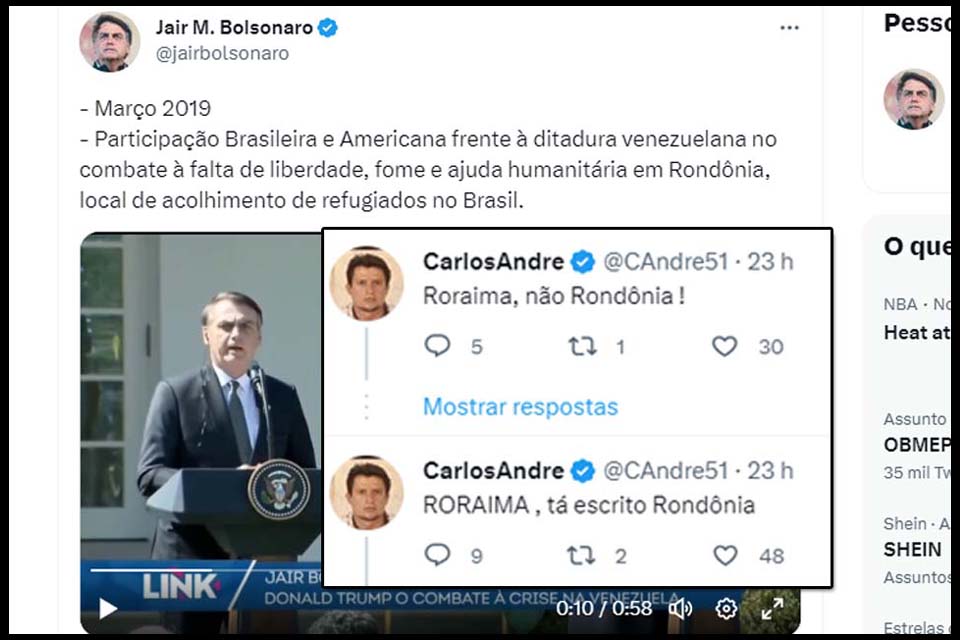 Ao relembrar ajuda humanitária encaminhada pela sua gestão, Bolsonaro confunde Roraima com Rondônia