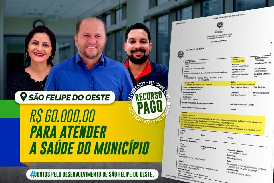 Cirone Deiró destina R$ 60 mil em recursos para atender a Saúde do município de São Felipe do Oeste