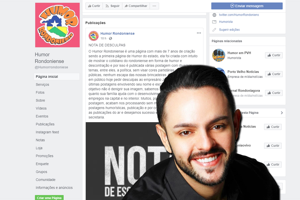 Página de humor apaga publicação satirizando Júnior Gonçalves e pede desculpas ao superintendente do governo Rocha