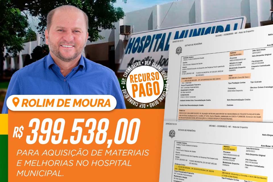 Deputado Cirone Deiró destina recursos para atender a saúde do município de Rolim de Moura